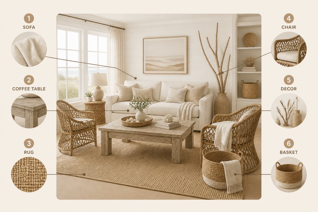 Bright, airy living room with layered natural textures featuring a cream linen sofa, weathered wood coffee table, woven rattan chairs, jute area rug, and organic decor including driftwood branches and woven baskets arranged in a relaxed, lived-in arrangement with soft natural light streaming through large windows