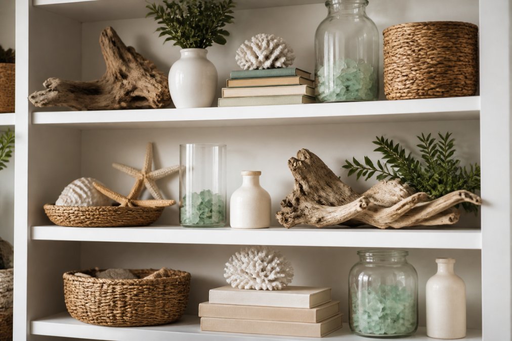 Close-up of styled coastal shelves displaying driftwood pieces, natural woven baskets, stacked neutral-colored books, sea glass in glass containers, white ceramic pieces, and organic greenery arranged in a relaxed, asymmetrical composition with soft natural lighting