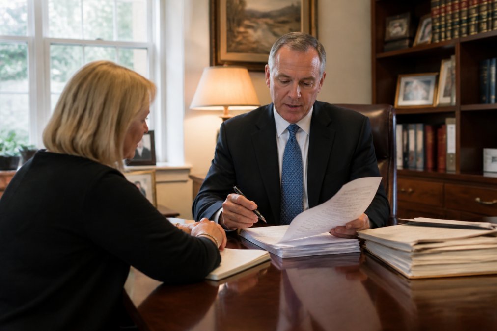 An attorney and client sitting across a desk reviewing legal documents together, with a pen in hand and a stack of papers visible, in a warm professional office with natural window light