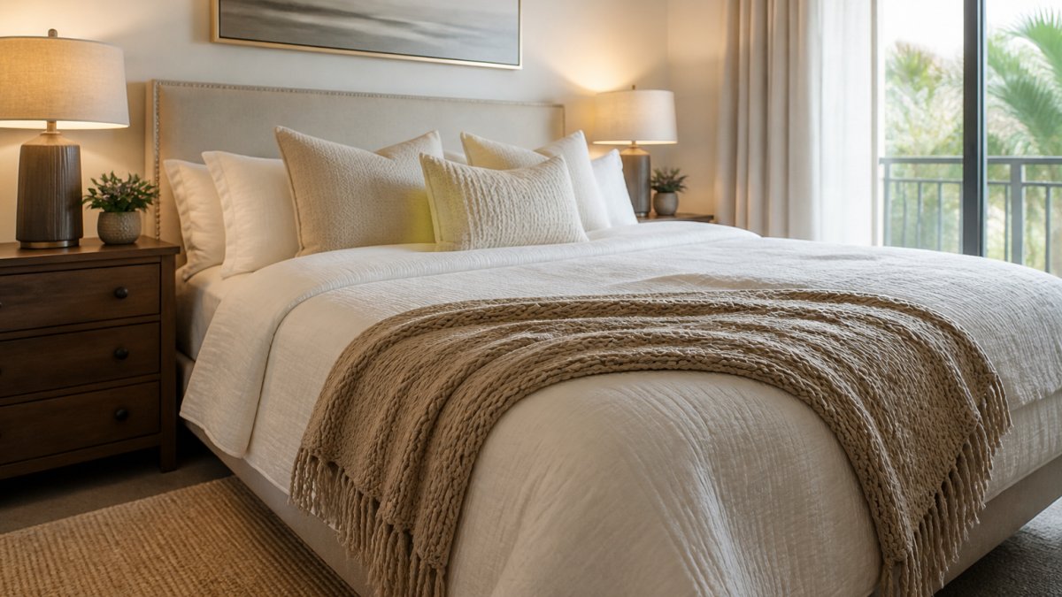 A beautifully styled vacation rental bedroom with soft neutral bedding, warm adjustable bedside lighting, and textured throw blankets on a neatly made bed, photographed in natural daylight
