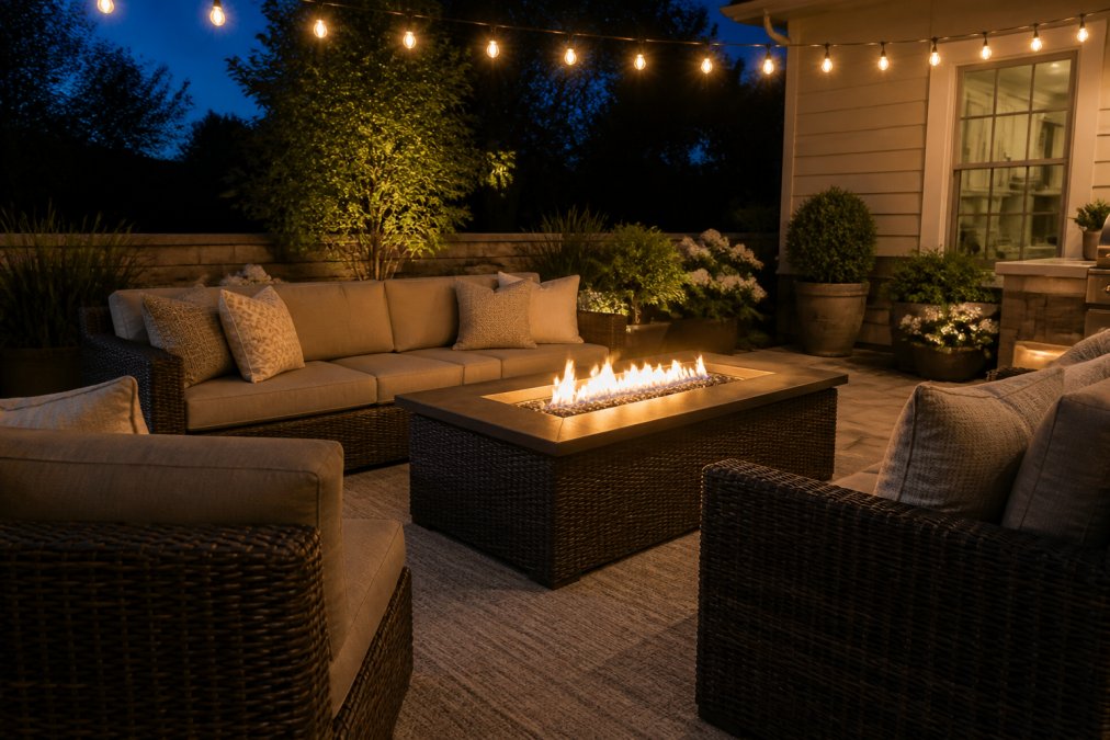 A stylish evening patio scene with a rectangular wicker fire table glowing at the center, surrounded by plush deep-seating furniture with neutral-toned cushions and textured throw pillows. Warm ambient string lights hang overhead, and a low-profile outdoor rug anchors the seating arrangement.