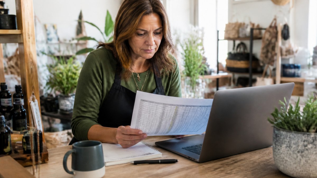 Small business owner reviewing a budget spreadsheet for a marketing and advertising plan in their local shop
