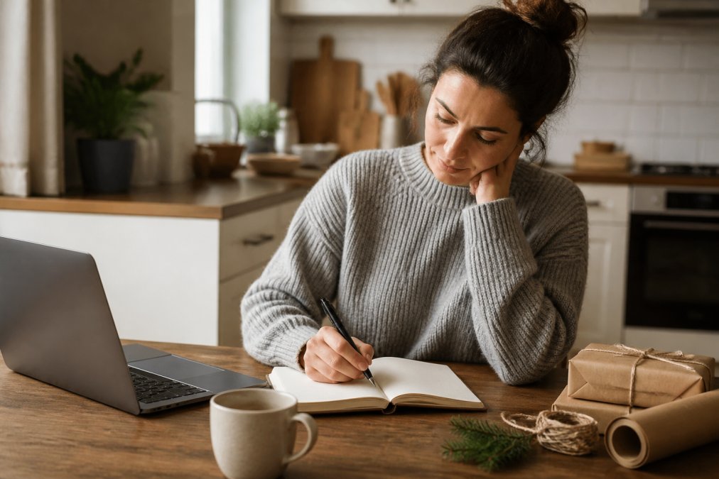 A person sitting at a kitchen table with a notebook, pen, and a laptop, thoughtfully planning a gift with a warm cup of coffee nearby, soft natural light