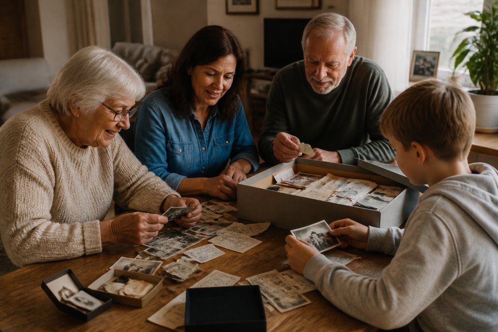 A family sitting around a wooden table, sorting through old photographs, ticket stubs, and small trinkets while placing them into an open archival storage box