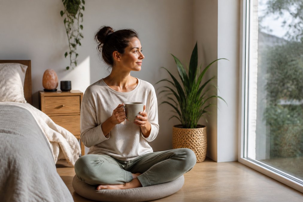 A person in comfortable loungewear sitting cross-legged on a meditation cushion near a large window, holding a mug of tea, soft natural morning light, calm neutral bedroom setting