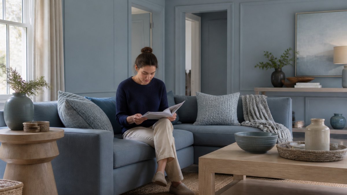Diagram explaining a soft blue monochromatic home color scheme using a living room layout with varied textures.