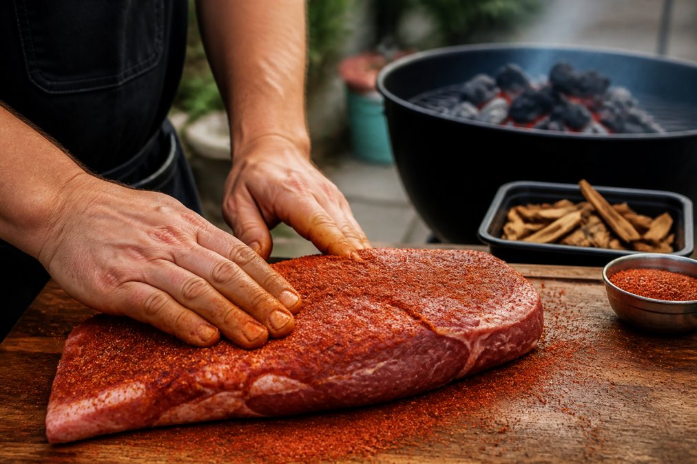 Grill master applying a red chile dry rub to raw brisket on a wooden cutting board with charcoal and mesquite wood.