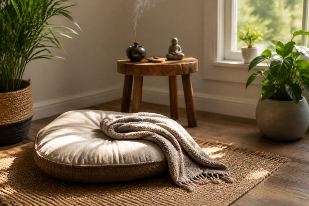A serene corner of a living room featuring a comfortable floor cushion, a small wooden side table with a lit incense burner, and a soft throw blanket, bathed in warm natural light from a nearby window