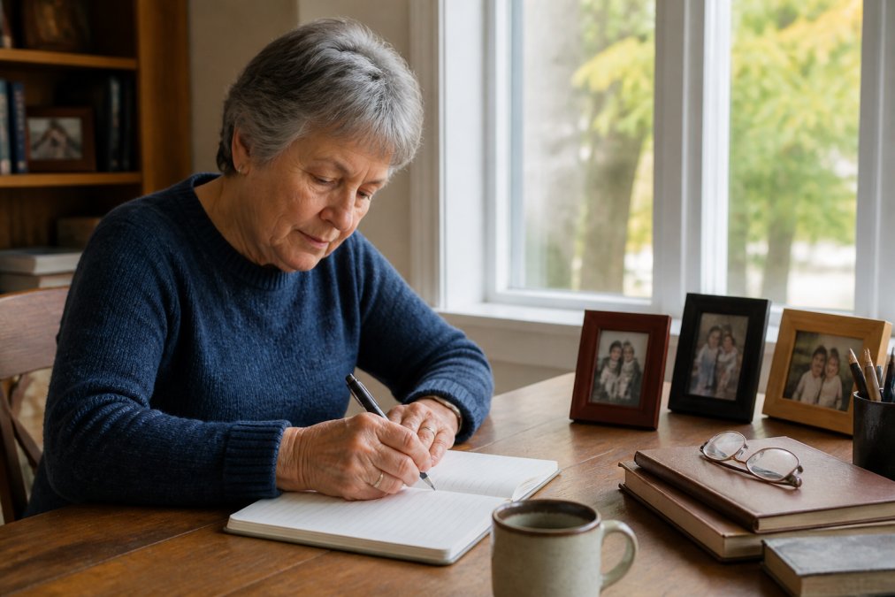 An older adult sitting at a wooden desk with a notebook and pen, writing thoughtfully, with framed family photos nearby and soft natural light from a window