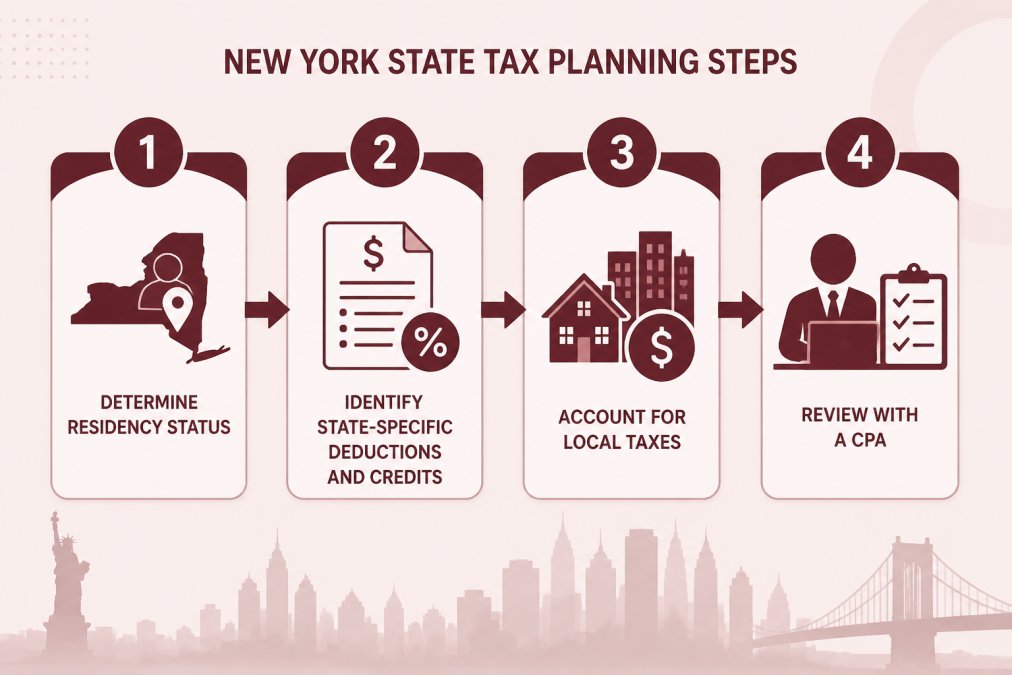 Flowchart showing New York State tax planning steps: determine residency status, identify state-specific deductions and credits, account for local taxes, review with a CPA