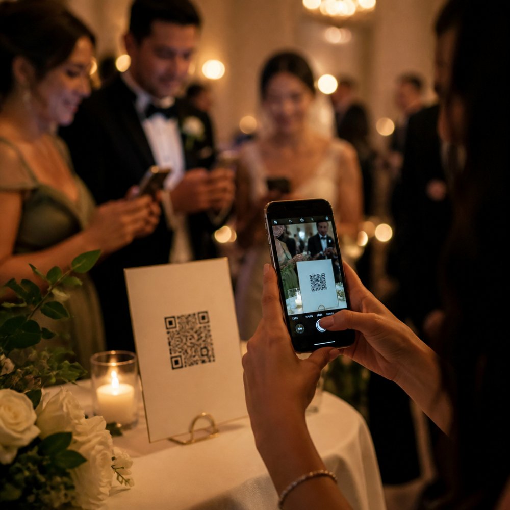 Smartphone displaying a QR code on an event table card with wedding guests in the background scanning and uploading photos at a reception venue with warm ambient lighting