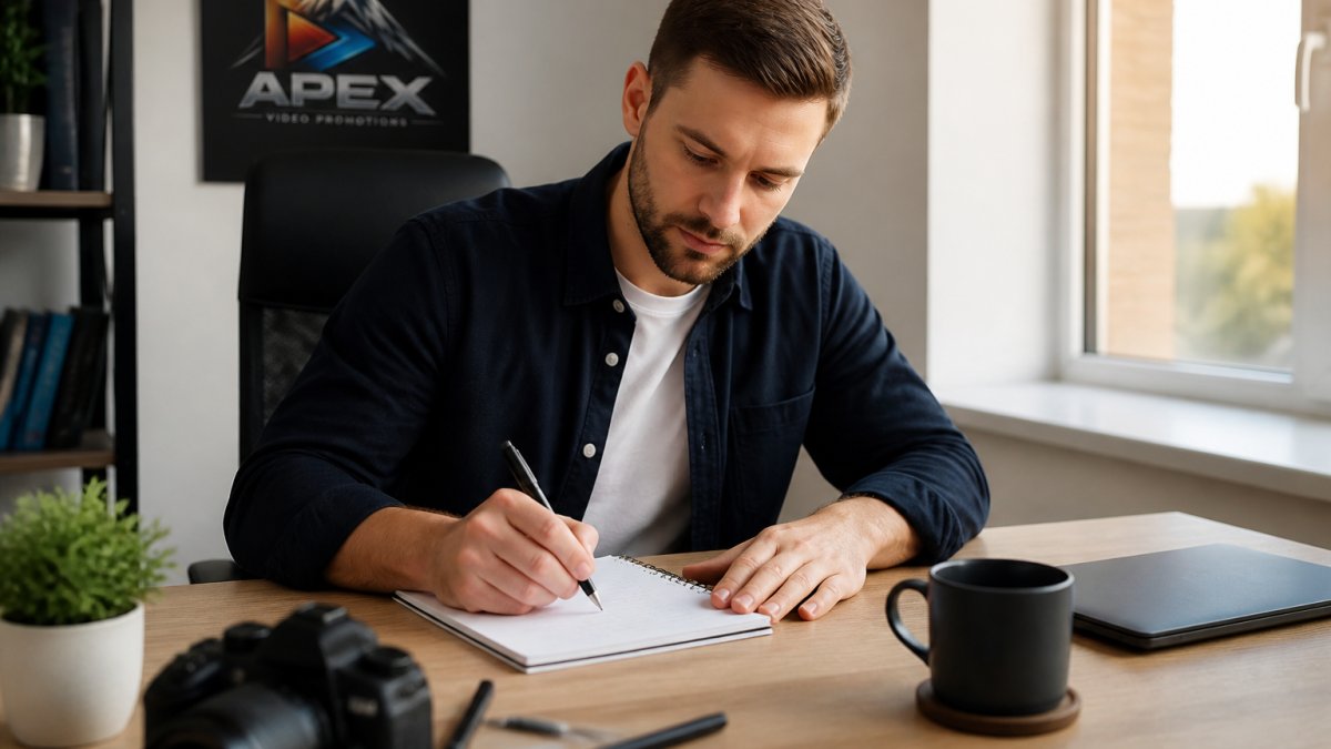 Professional marketer writing a product video script on a notepad at a desk with laptop and coffee, brainstorming product messaging in natural office lighting