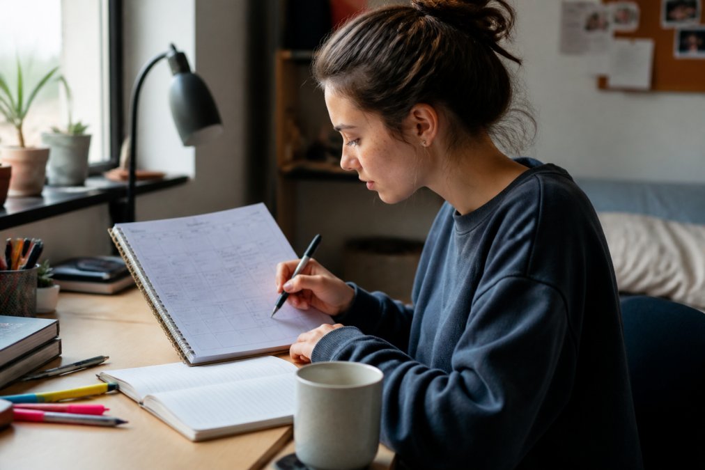 A college student sitting at a bright desk with a notebook and colorful pens, looking at a weekly planner, with a coffee mug nearby