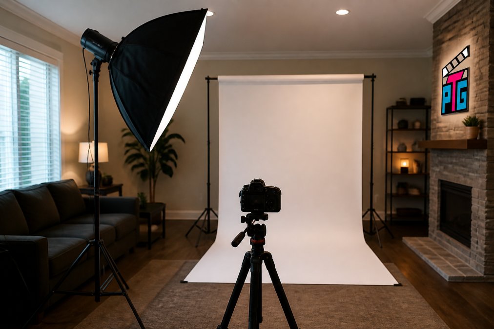 Diagram illustrating the ideal softbox and backdrop placement for a professional studio look at home.