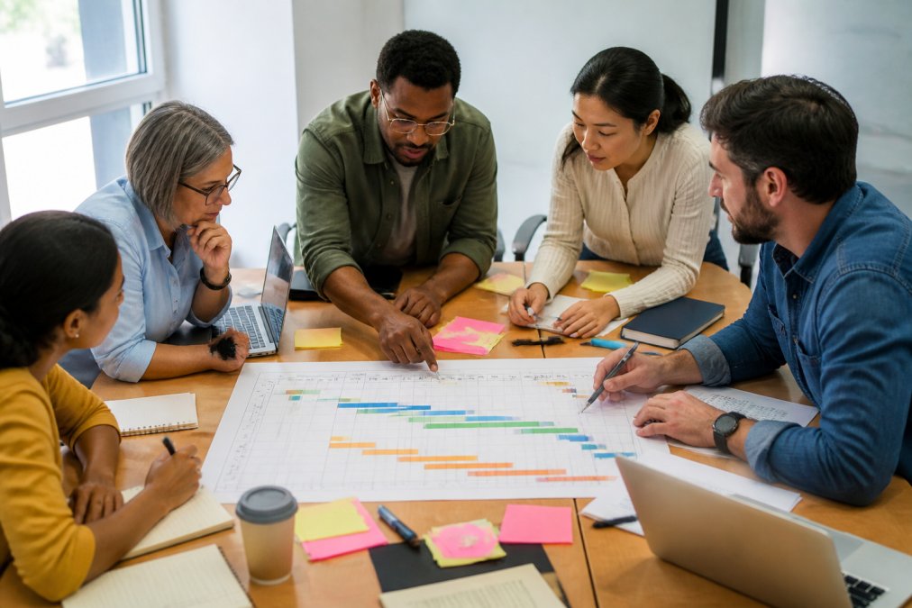 Diverse team reviewing a Gantt chart to learn how to create a project timeline step by step at a meeting table.