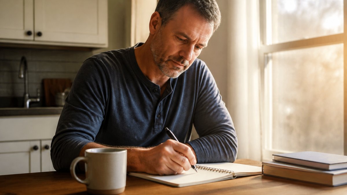 Infographic process flow for a personal recovery plan written in a notebook at a sunlit kitchen table.