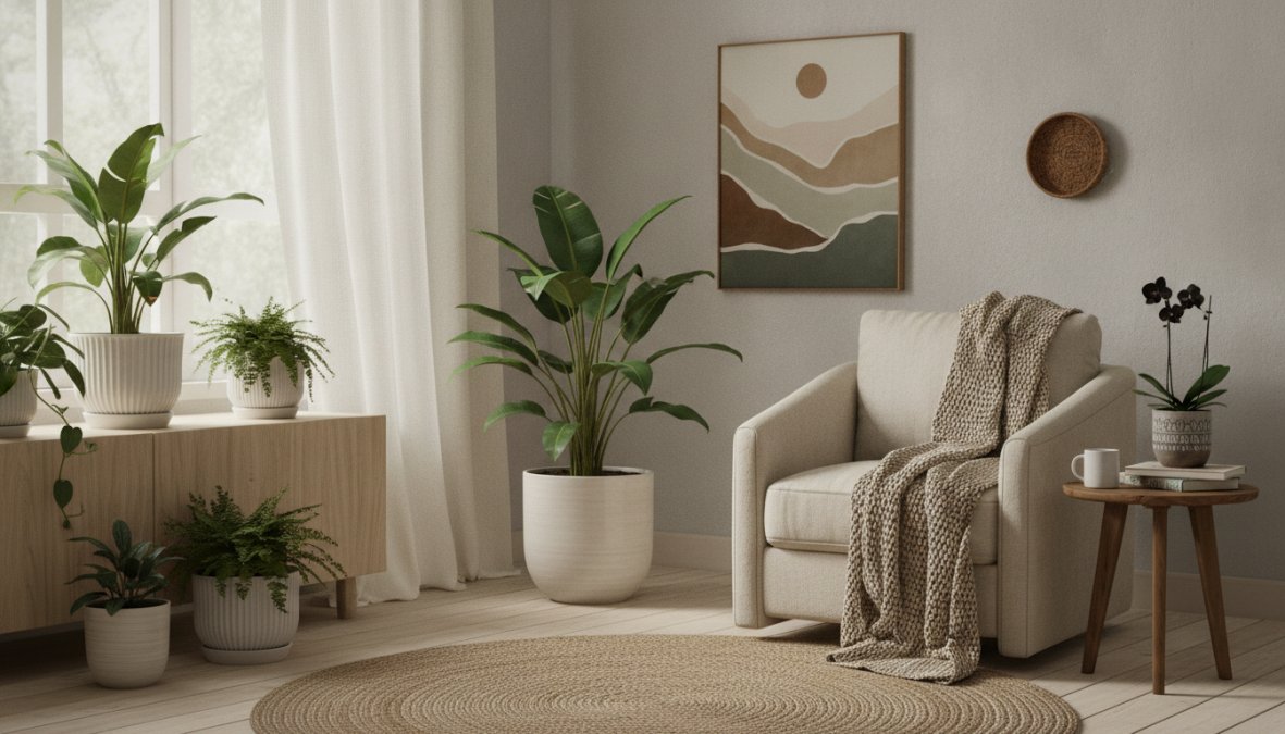 A serene living room corner with lush green indoor plants in ceramic planters, natural sunlight streaming through a window, and a cozy seating area with soft textures and neutral-toned cushions