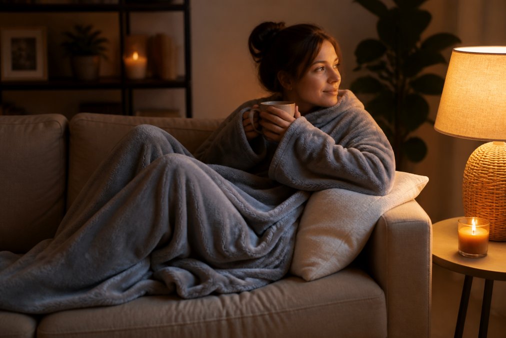 A person curled up on a sofa under a soft sleeved blanket, with a warm lamp glowing nearby and a mug of tea on a side table, creating a cosy evening scene