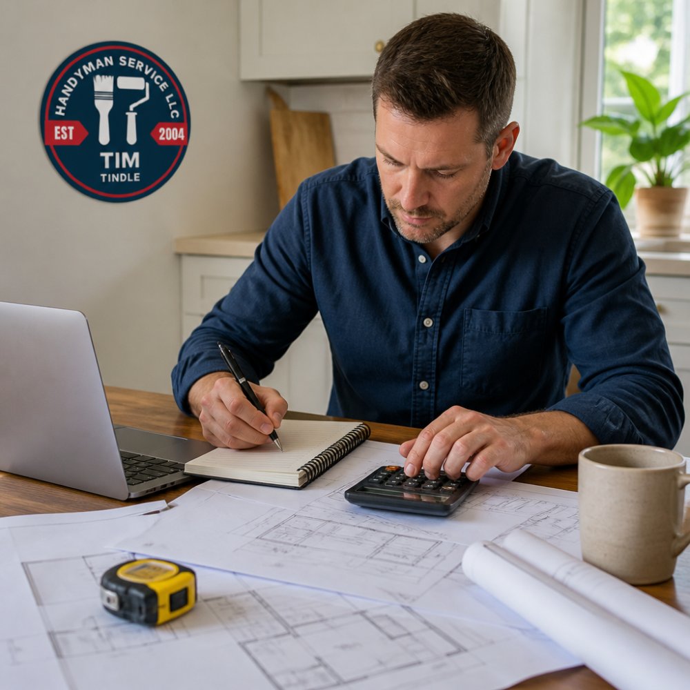 Homeowner at kitchen table with laptop, notebook, and calculator, reviewing renovation plans and budget spreadsheet with architectural drawings nearby