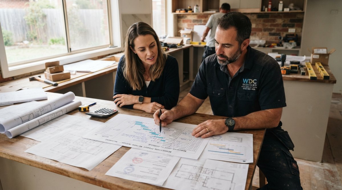 Contractor and homeowner reviewing a detailed renovation project schedule on a kitchen bench with architectural plans.