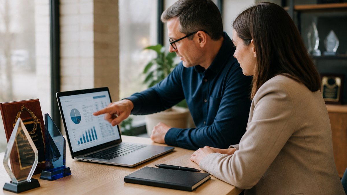 A sales manager and a team member reviewing a sales dashboard on a laptop in a bright office, charts visible on the screen