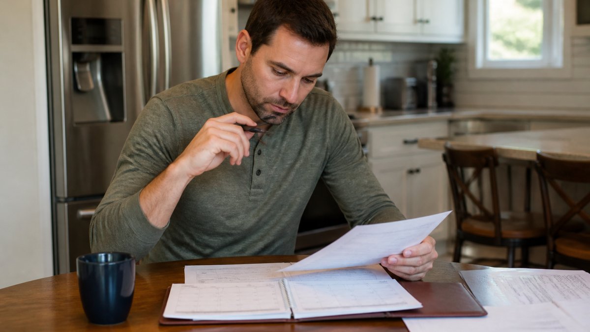Homeowner using a seasonal home maintenance schedule checklist and calendar at a kitchen table to track tasks.
