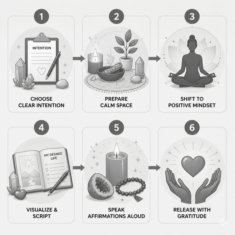 Six-step flowchart outlining the sequence for a simple daily manifestation ritual process.