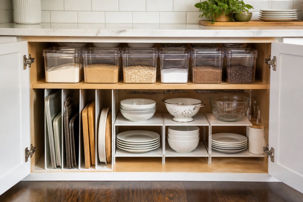 Well-organized kitchen cabinet interior showing clear acrylic containers with labeled contents, vertical dividers separating baking sheets and cutting boards, tiered shelf risers displaying dishes, and neatly stacked items in labeled zones with natural kitchen lighting