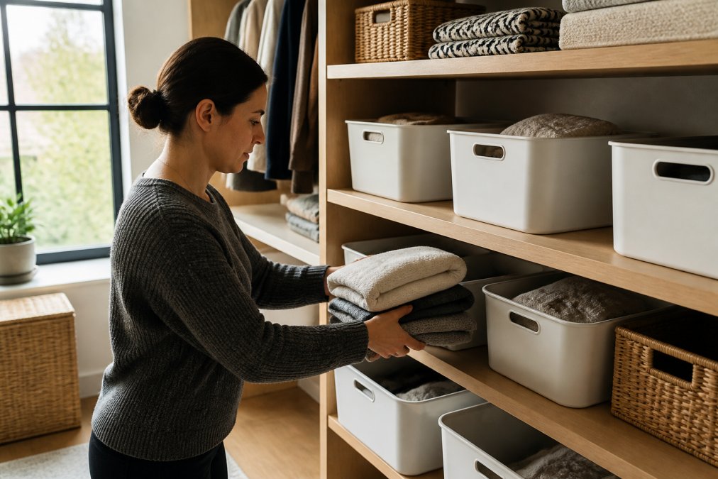 Family member placing folded clothing and household items into labeled storage containers on shelves as part of an evening organization routine, with natural light from a window illuminating the organized space