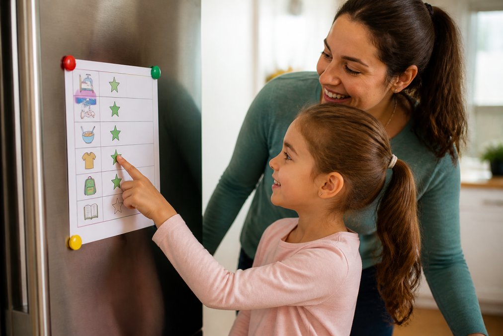 Parent and child smiling together while looking at a colorful printed morning routine checklist posted on a refrigerator, child pointing to a completed task