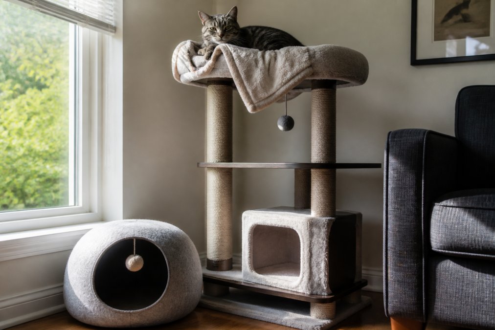 A gray tabby cat resting on the top platform of a tall cat tree beside a sunny living room window, soft blanket draped over the perch, a covered hiding box on the floor below