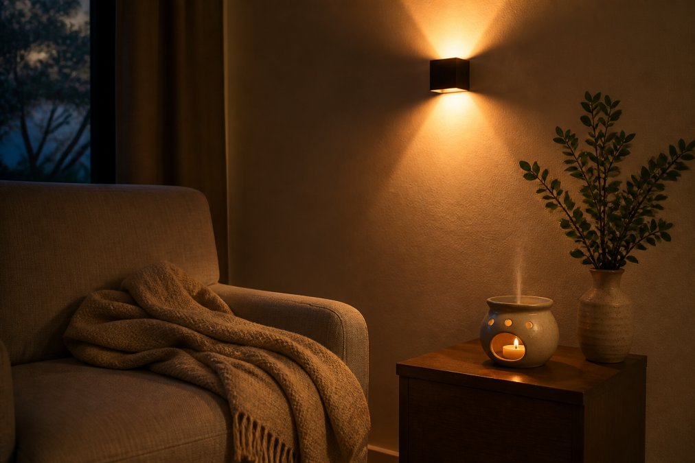 A cozy living room corner at dusk with a warm LED color-changing wall light glowing softly on the wall, a lit ceramic incense burner on a wooden side table, and a linen throw draped over an armchair, no people visible