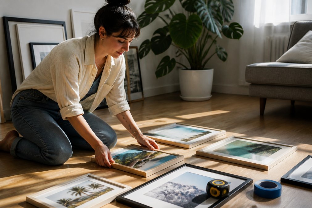 A person kneeling on a wooden floor surrounded by framed travel posters of varying sizes, painter's tape and a tape measure beside them, planning a wall layout in soft afternoon light