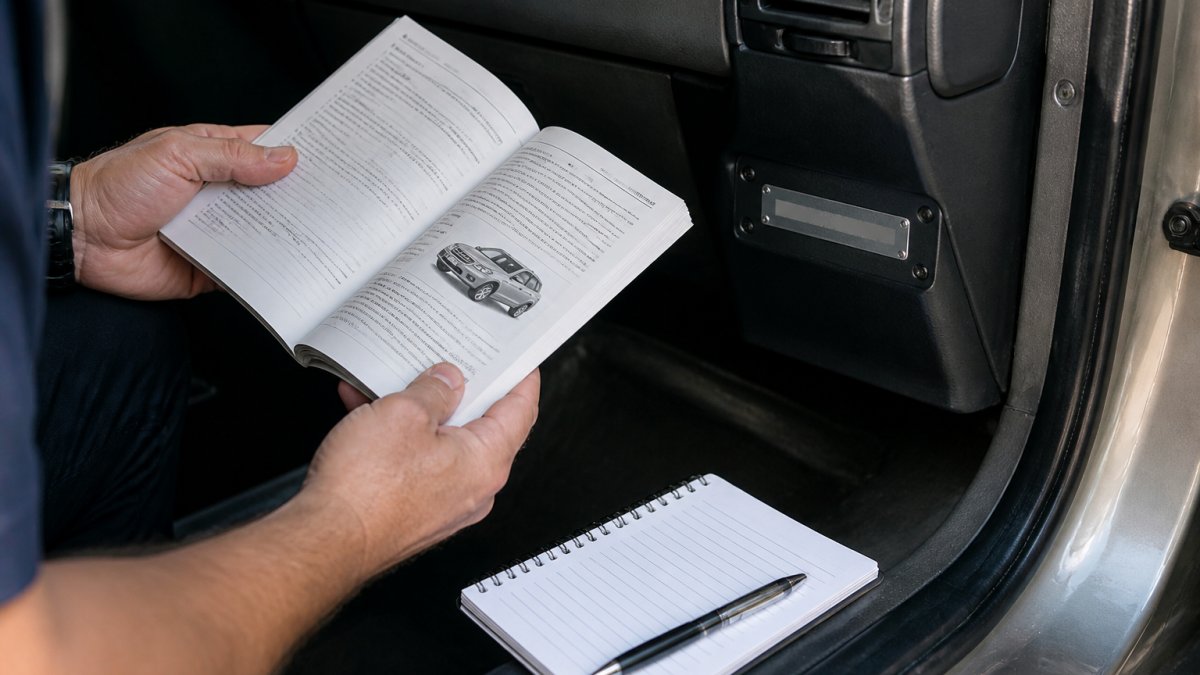 Close-up of hands holding an open owner's manual next to a vehicle's VIN plate visible on the dashboard, with a notebook and pen positioned to record maintenance information