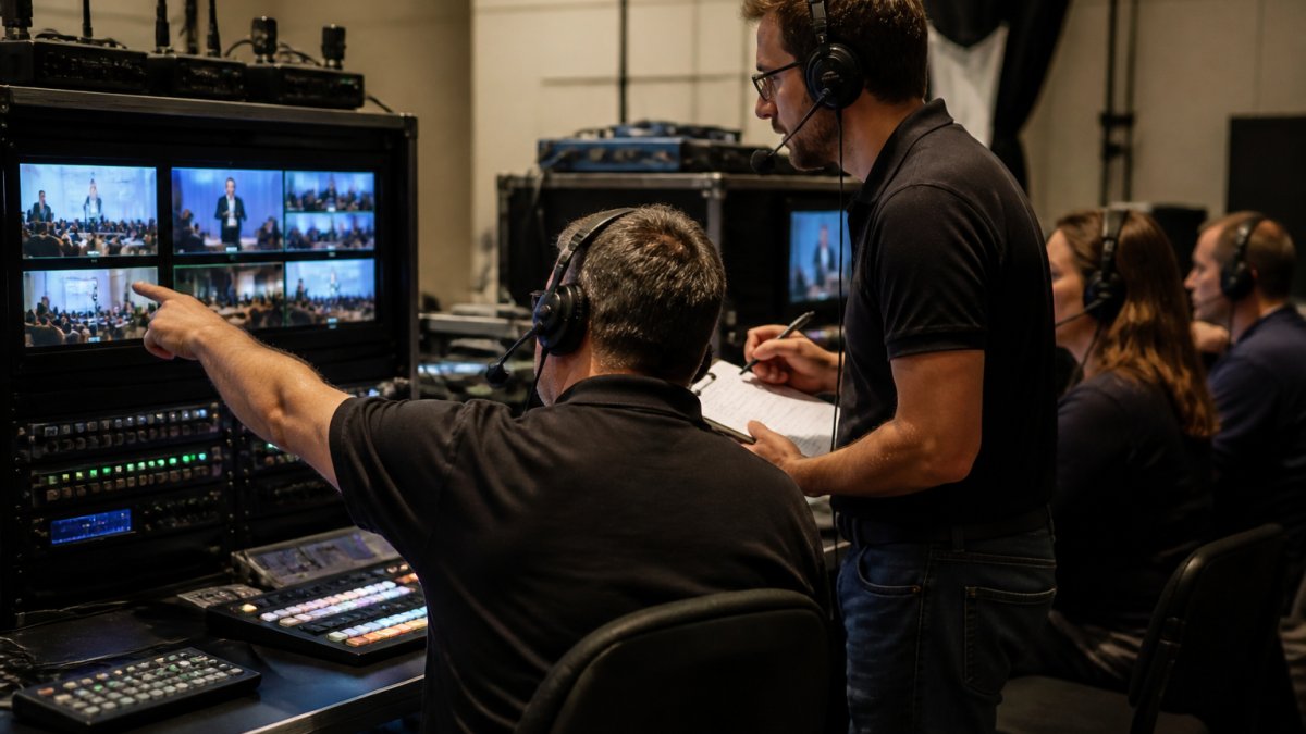 A production team in a control room reviewing multiple monitor feeds during a technical rehearsal, with one person pointing at a screen and another taking notes on a clipboard