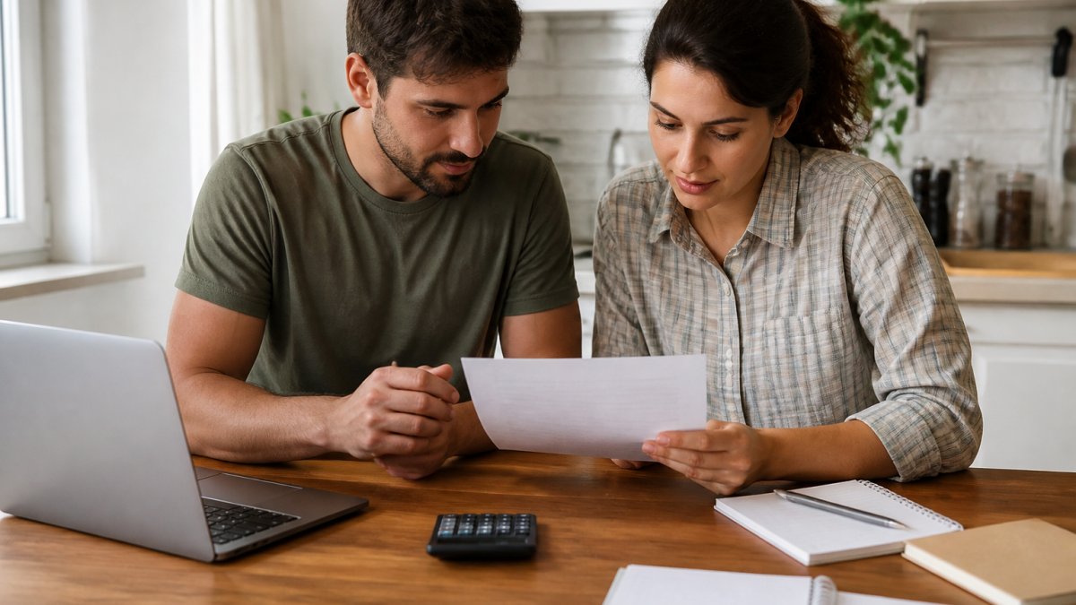 Couple reviewing a wedding budget breakdown worksheet on a laptop and calculator at a kitchen table