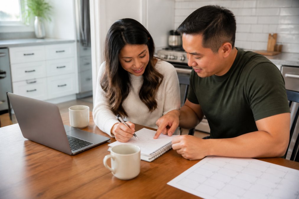 Couple using a laptop and calendar to plan their wedding day timeline at home
