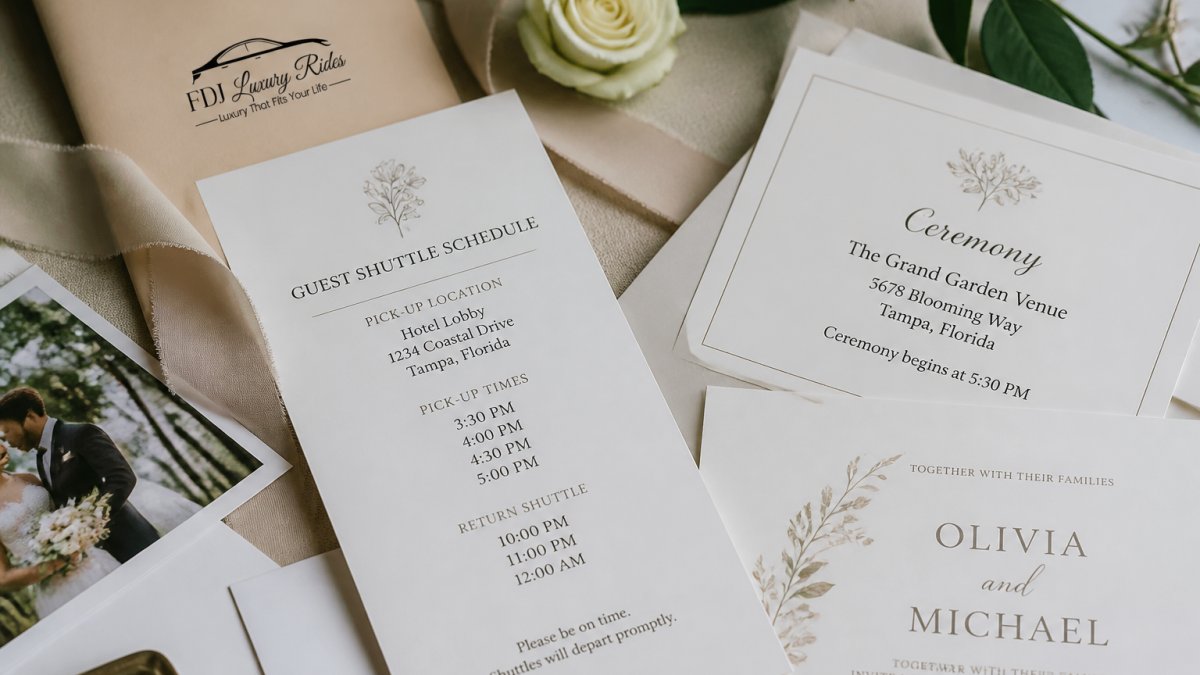 Close-up of wedding invitation materials and information cards spread on a table, showing printed pickup times and location details with ceremony venue address and shuttle schedule