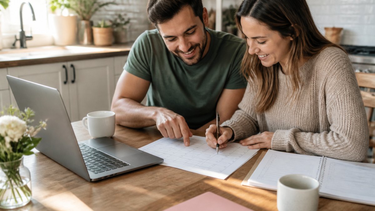 Couple checking off tasks on a monthly wedding planning checklist at a kitchen table with coffee and a laptop