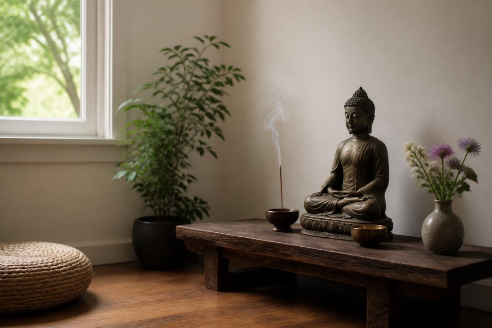 A serene home altar in a corner of a quiet room, featuring a Buddhist statue on a low wooden table, with incense burning, a small vase of flowers, and soft natural light filtering through a window, creating a calm and spiritual atmosphere