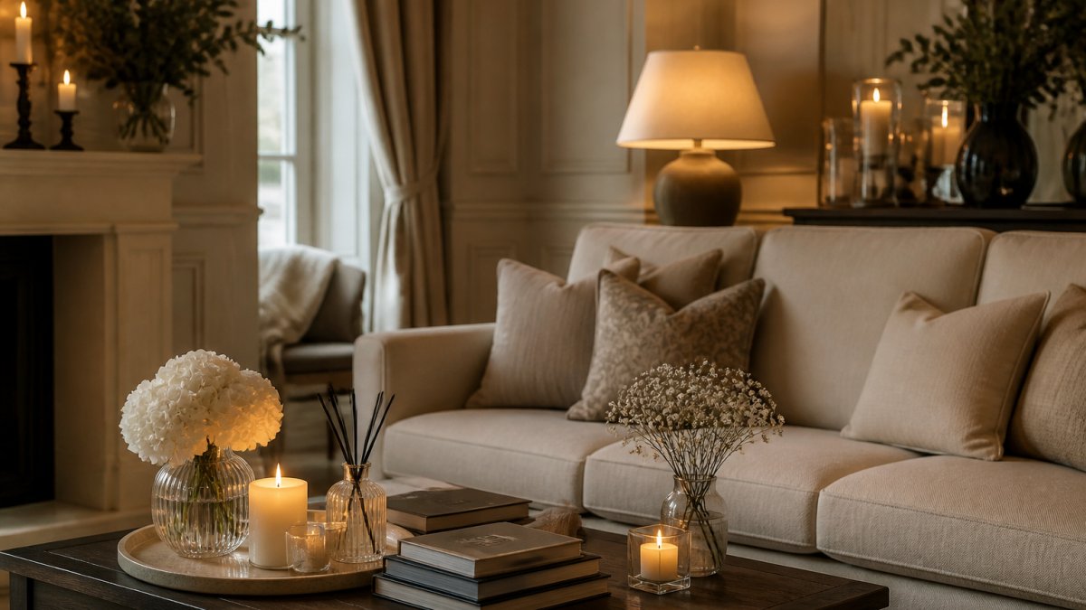 Serene living room with soft neutral tones, layered textures, warm candlelight and soft lamp lighting, refined furniture pieces, and a welcoming sophisticated ambiance
