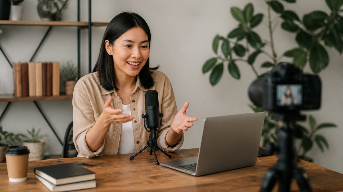 Instructor recording video content to learn how to create an online course for beginners 2026 in a home studio