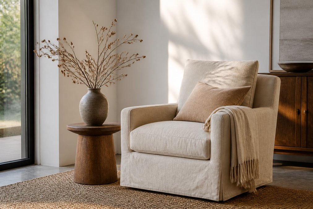 A sunlit living room corner with a linen-upholstered armchair, a jute rug, and a small side table holding a ceramic vase with dried branches, photographed in warm natural light