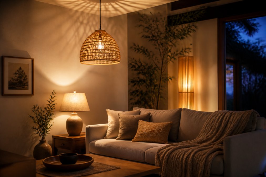 A cozy living room corner at dusk with a woven rattan pendant lamp casting warm patterned shadows on the ceiling, a linen-shaded table lamp glowing softly beside a sofa, and a bamboo floor lamp in the background, styled in a Japandi aesthetic with natural textures and a throw blanket