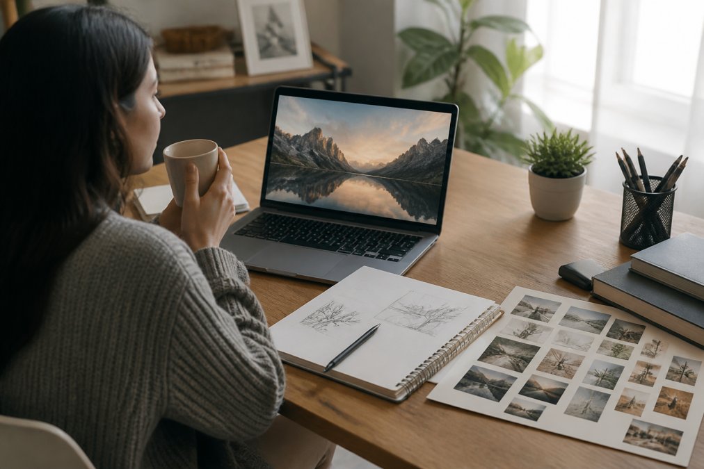 Person sitting at a clean desk with a laptop displaying AI-generated artwork, holding a coffee cup, with a notebook full of sketches and a mood board visible, natural window lighting