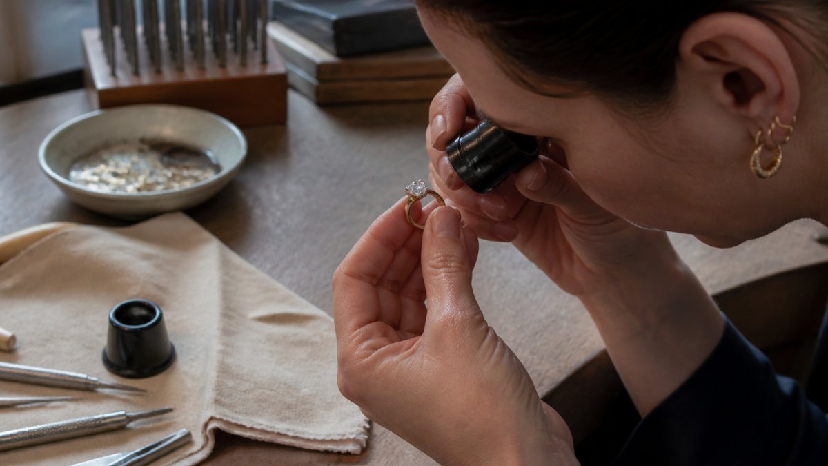 Close-up of a jeweler's hands examining an antique diamond ring with a loupe on a workbench, surrounded by small tools and a soft cloth