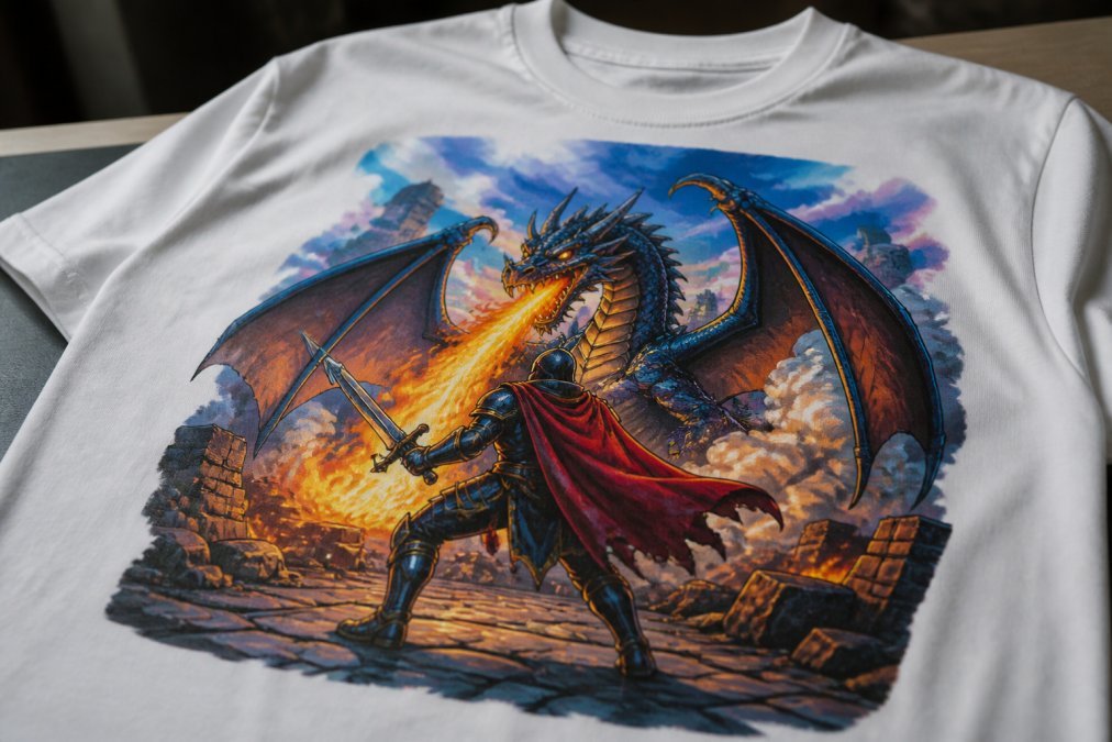 Close-up of a finished DTF transfer showing vibrant colours and crisp detail on a sample white t-shirt, demonstrating print quality from proper file preparation and colour accuracy