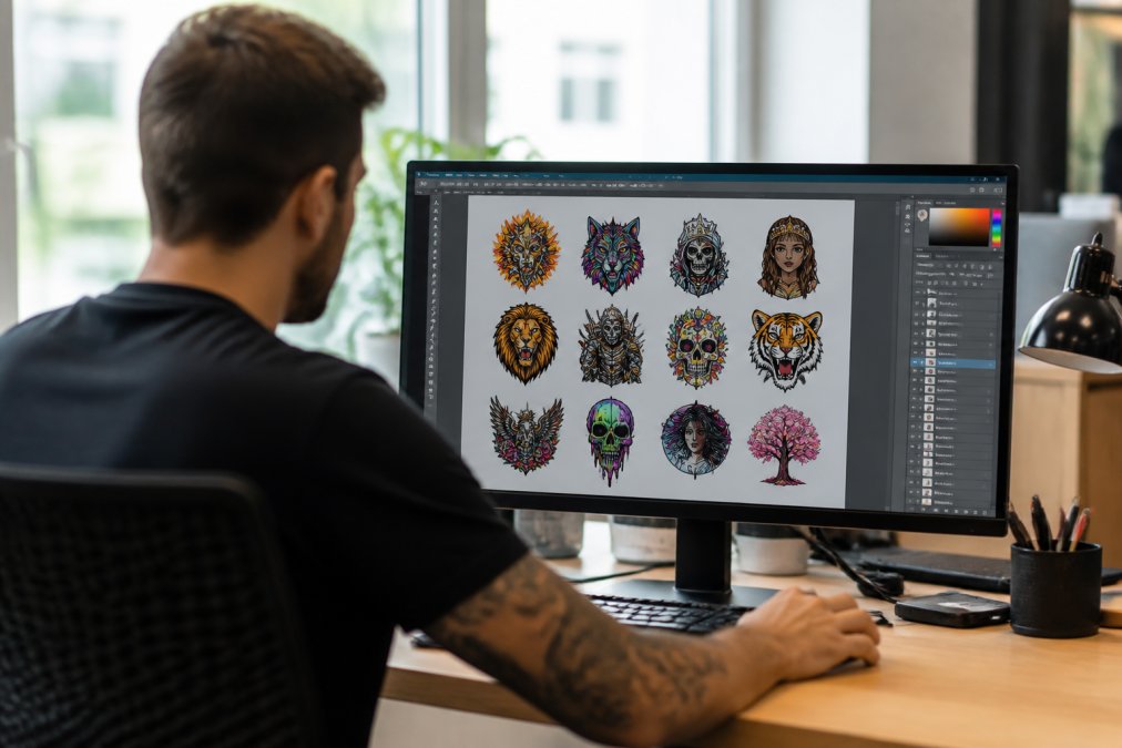 Graphic designer working at a desktop computer monitor displaying a DTF gang sheet layout with multiple colourful designs arranged on an artboard, showing design software interface with layers panel visible, modern office setting with natural daylight