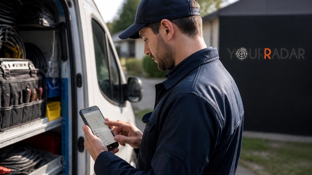 Field technician holding a mobile device displaying a dispatch map with job locations and real-time work order details, standing beside a service vehicle in natural daylight
