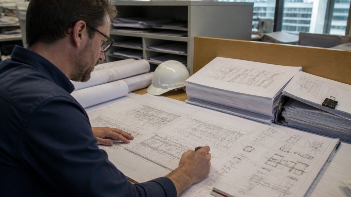 Architect reviewing detailed facade shop drawings for curtain walls on a computer monitor in an office